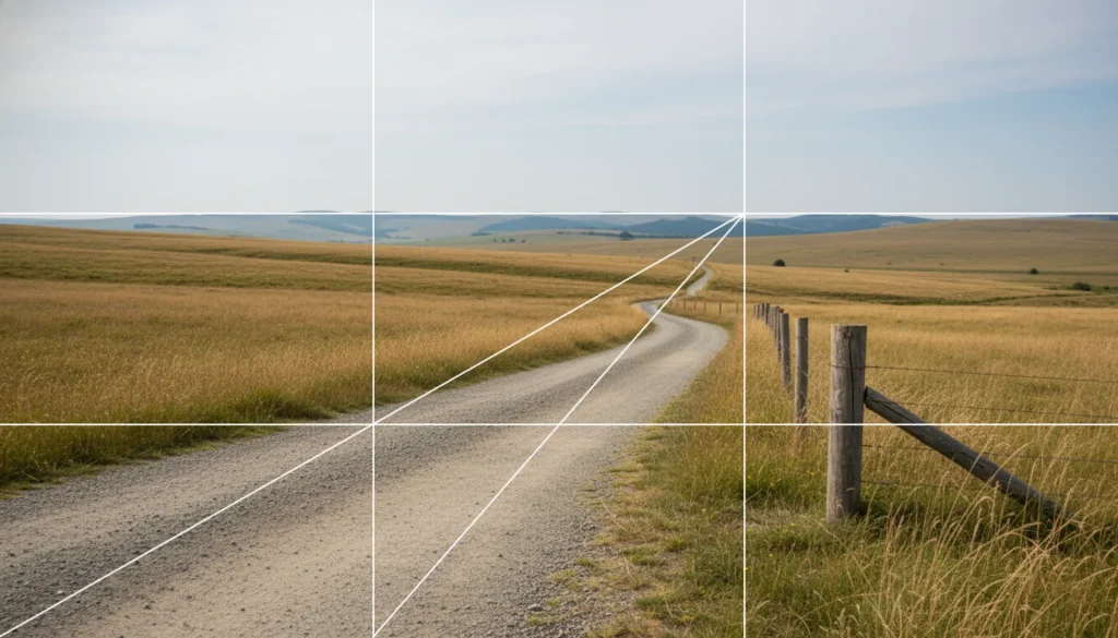 Composición fotográfica marcada con líneas imaginarias y puntos clave