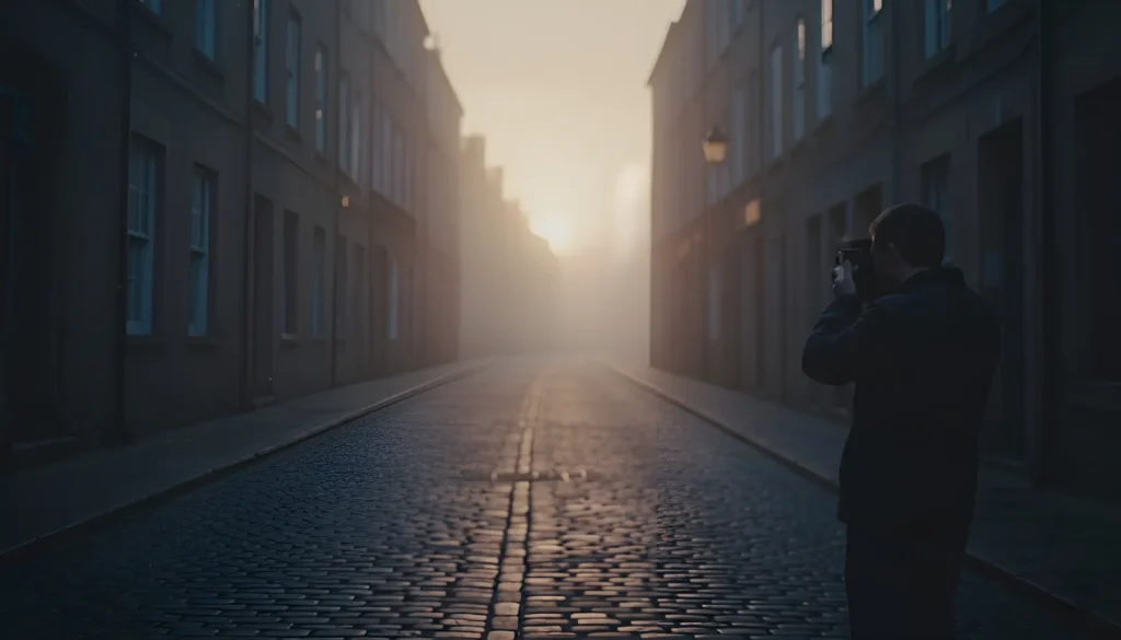 Fotógrafo componiendo una imagen en una calle silenciosa al amanecer