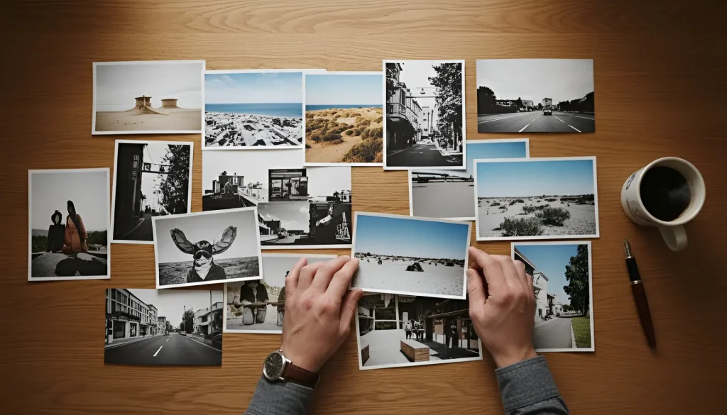 Fotógrafo viendo impresiones fotográficas sobre una mesa