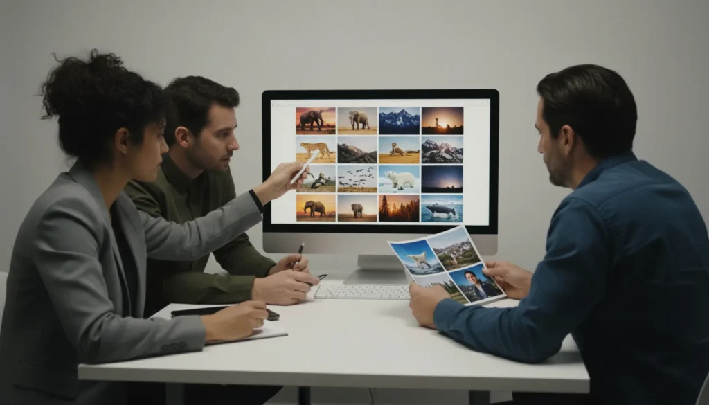 Mesa de jurado con varias fotografías siendo analizadas