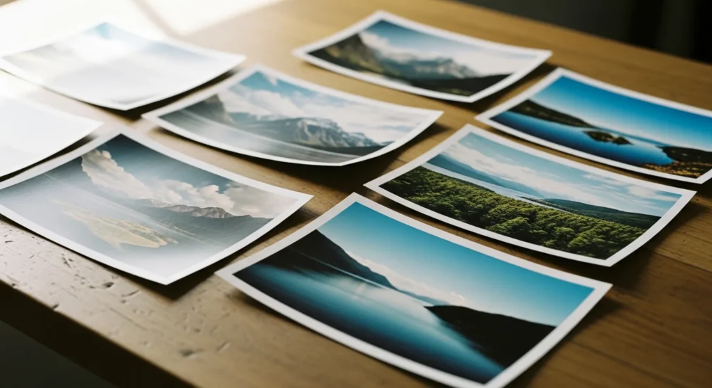 Varias fotografías impresas colocadas en una mesa formando una serie