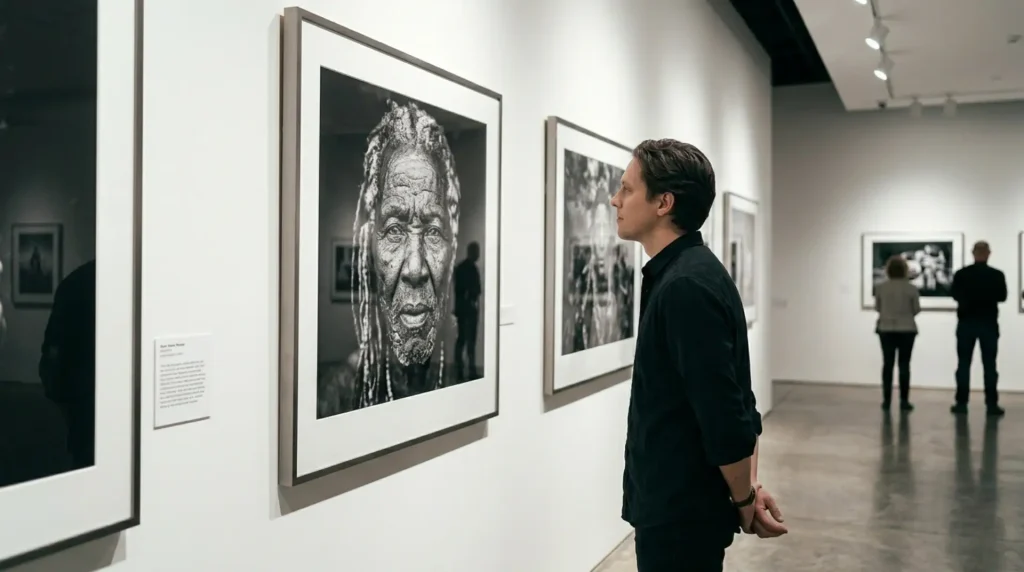 Fotógrafo observando obra propia en una galería - El fotógrafo artista construye significado, no solo imágenes