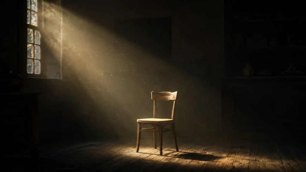 Rayo de luz entrando por una ventana iluminando solo un objeto específico - La luz selecciona lo que importa y entierra lo demás en silencio